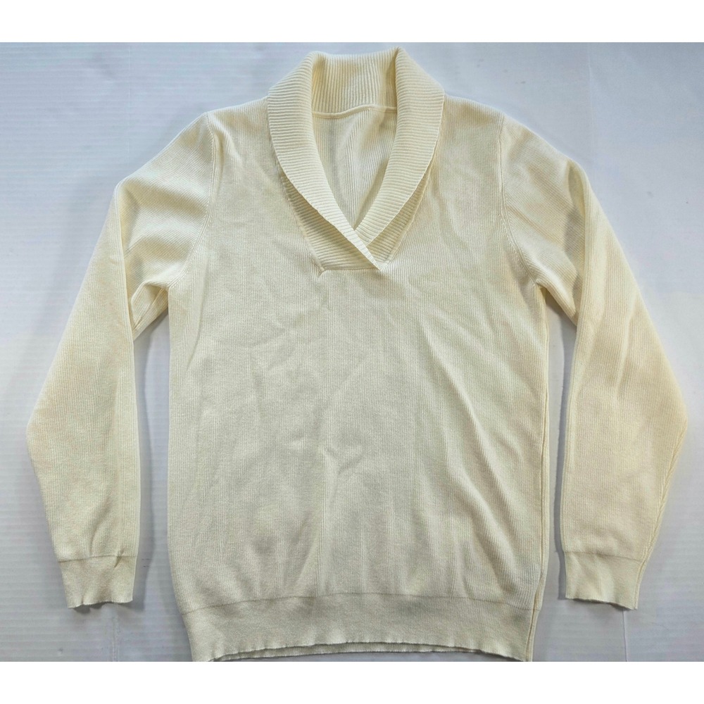 Ivicoer Fashion Womens Shawl Collar V-Neck Ribbed Knit Sweater Cream Ivory Small